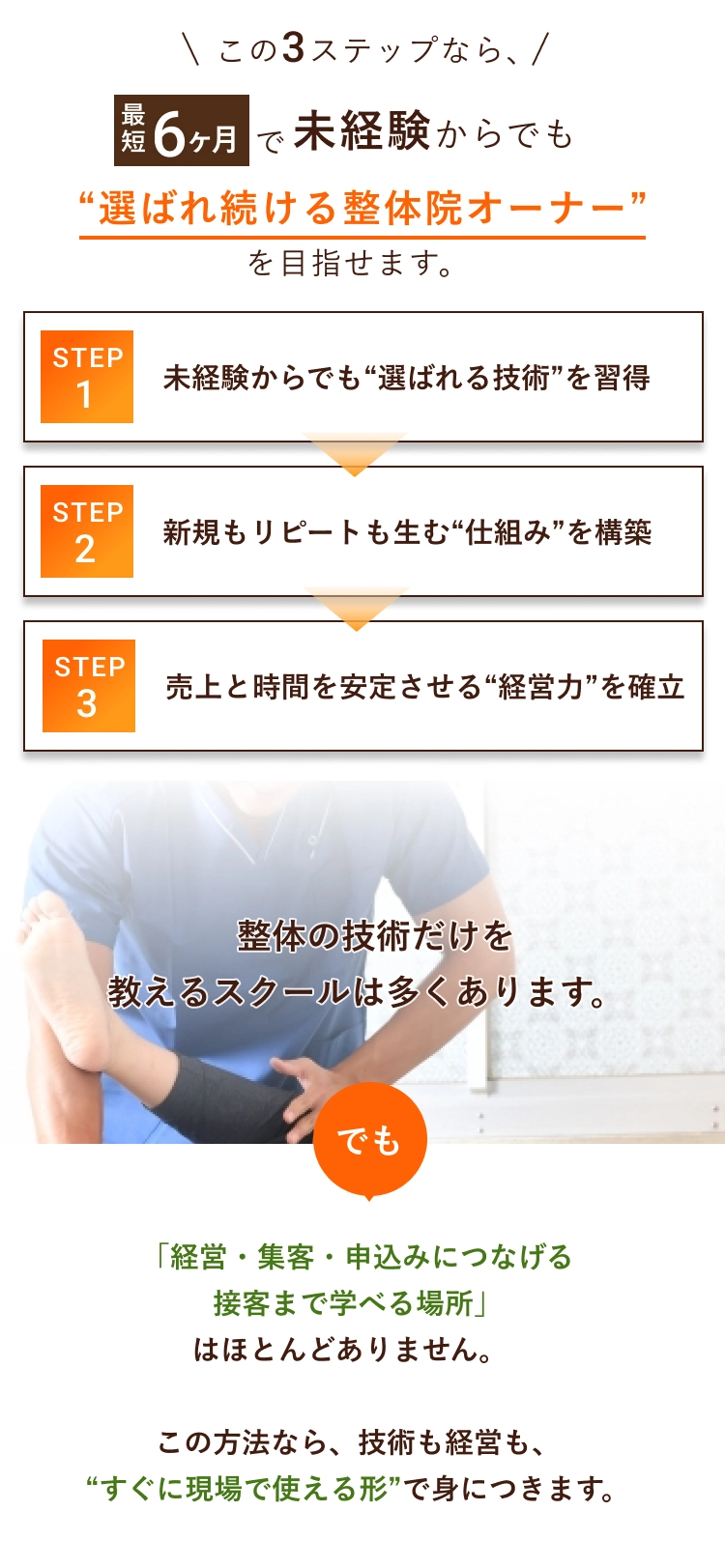 この3ステップなら、最短6ヶ月で未経験からでも“選ばれ続ける整体院オーナー” を目指せます。未経験からでも“選ばれる技術”を習得新規もリピートも生む“仕組み”を構築売上と時間を安定させる“経営力”を確立 整体の技術だけを教えるスクールは多くあります。でも「経営・集客・申込みにつなげる接客まで学べる場所」はほとんどありません。この方法なら、技術も経営も、“すぐに現場で使える形”で身につきます。